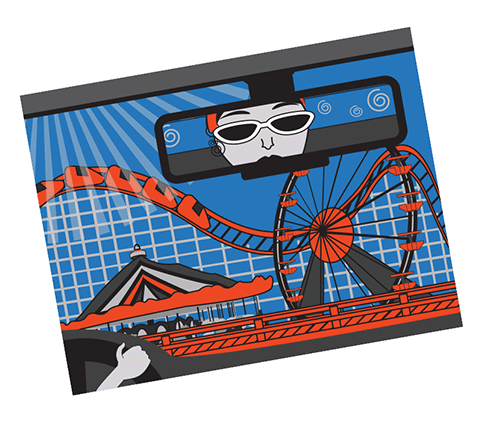 illustration of woman looking in rearview driving toward amusement area by Jen Strum, Silver Summer Creative